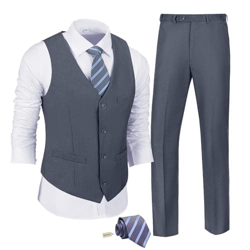 JPF Men's Slim Fit Suit Set - Solid Vest & Pants with Tie
