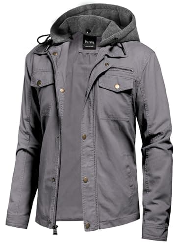 Pursky Men's Canvas Cotton Casual Field Jacket with Removable Hood