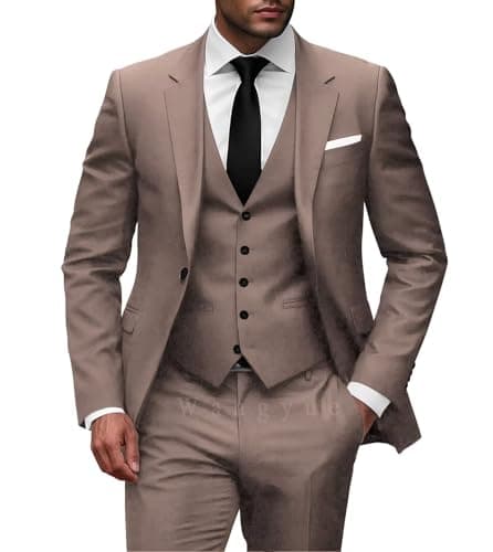 Wangyue Men Slim Fit 3-Piece Solid Wedding Suit Single Breasted Blazer Vest Pants Set