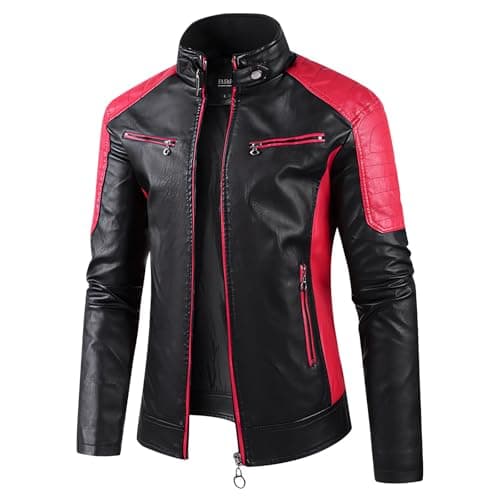 Mens Lightweight Color Block Faux Leather Racing Jacket Stand Collar