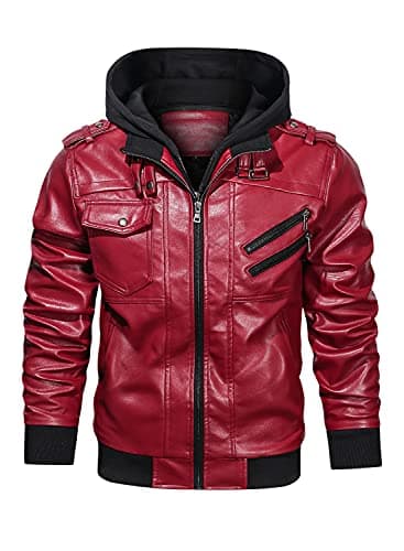 HOOD CREW Men's Casual PU Faux Leather Zip-Up Bomber Jacket with Removable Hood