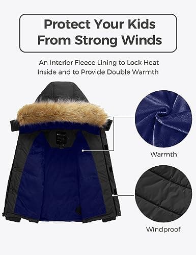 wantdo Boys' Warm Winter Waterproof Thick Puffer Jacket with Removable Hood