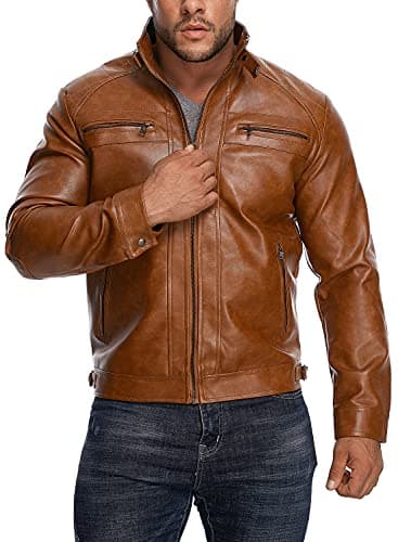 Men's Stand Collar Faux Leather Motorcycle Jacket by HOOD CREW