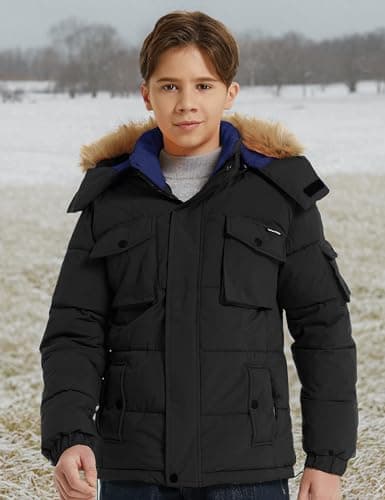 wantdo Boys' Warm Winter Waterproof Thick Puffer Jacket with Removable Hood