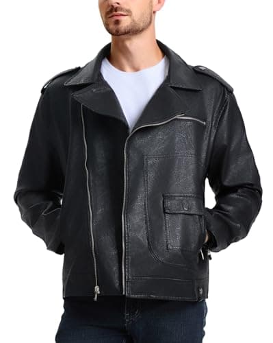 WULFUL Men's Faux Leather Bomber Jacket - Slim Fit Biker Coat with Asymmetric Zip-Up