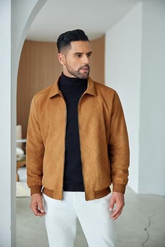 COOFANDY Men's Casual Lightweight Full Zip Up Faux Leather Bomber Jacket