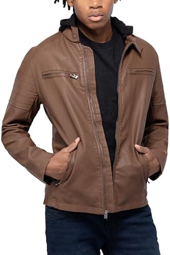 X RAY Men's Hooded PU Leather Jacket, Black, Large