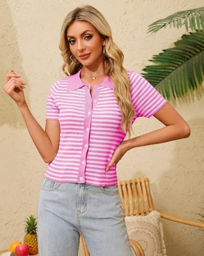 WULFUL Women's Short Sleeve Striped Pullover Cardigan Ribbed Knit V-Neck Top