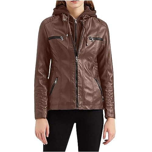 YMADREIG Women's Faux Leather Zip-Up Hooded Moto Jacket
