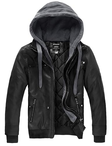 Wantdo Men's Faux Leather Casual Warm Hooded Winter Motorcycle Jacket