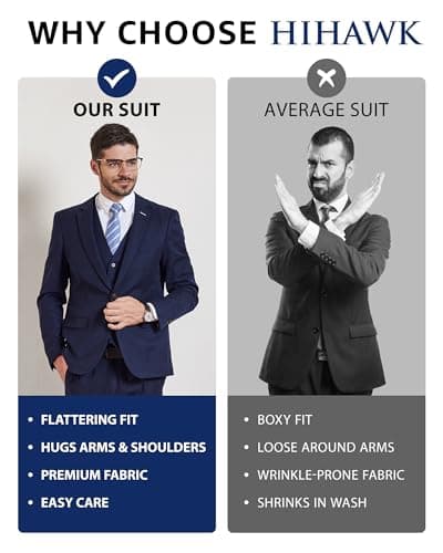 Hihawk Men's Slim Fit 3-Piece Stretch Suit with Blazer, Vest, Pants, and Tie