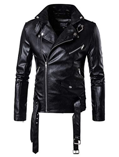 PASOK Men's PU Leather Zipper Biker Jacket with Belt