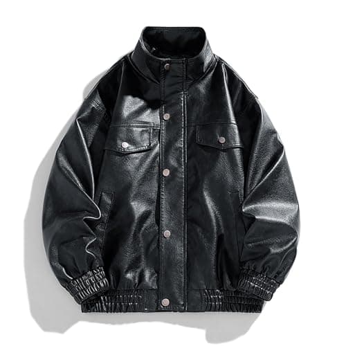 Men's Motorcycle Leather Jacket with Stand Collar and Pockets