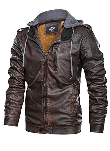 HOOD CREW Men's Faux Leather Zip-Up Motorcycle Jacket with Removable Hood