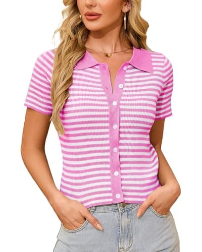 WULFUL Women's Short Sleeve Striped Pullover Cardigan Ribbed Knit V-Neck Top
