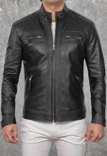 DECIMAL Men's Black Genuine Lambskin Leather Biker Jacket