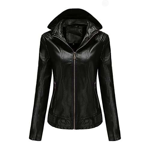 YMADREIG Women's Faux Leather Zip-Up Hooded Moto Jacket