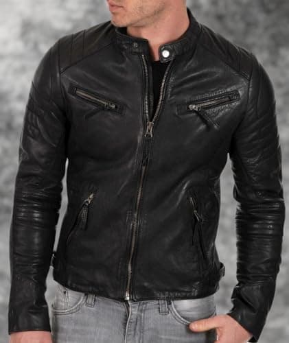 DECIMAL Men's Black & Brown Genuine Lambskin Leather Biker Jacket VINTAGE MOTORCYCLE JACKETS