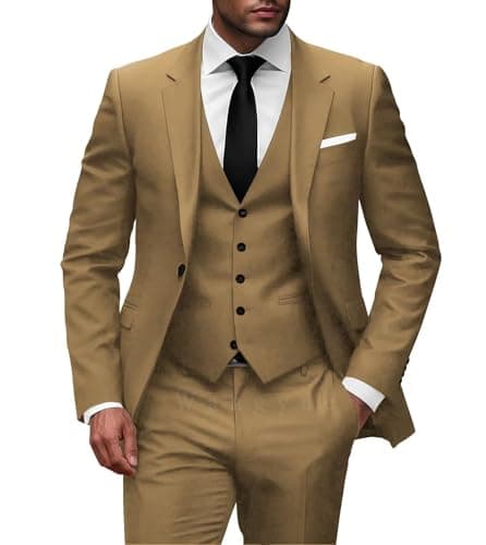 Wangyue Men Slim Fit 3-Piece Solid Wedding Suit Single Breasted Blazer Vest Pants Set