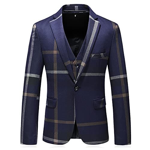 KUDORO Mens Check Plaid 3Piece Formal Suit Tuxedo Set