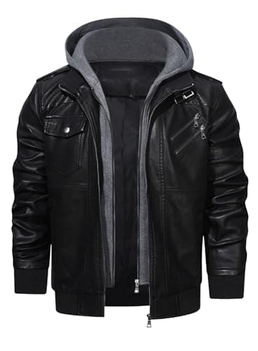 HOOD CREW Men's Casual PU Faux Leather Zip-Up Bomber Jacket with Removable Hood