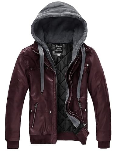 Wantdo Men's Faux Leather Casual Warm Hooded Winter Motorcycle Jacket
