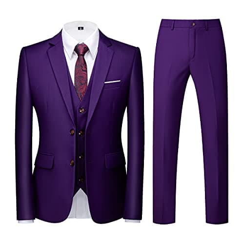 KUDORO Mens Slim Fit 3 Piece Tuxedo Suit Two Button Jacket & Trouser Vest Casual Wedding Prom