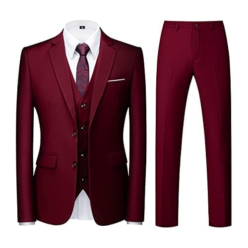 KUDORO Mens Slim Fit 3 Piece Tuxedo Suit Two Button Jacket & Trouser Vest Casual Wedding Prom