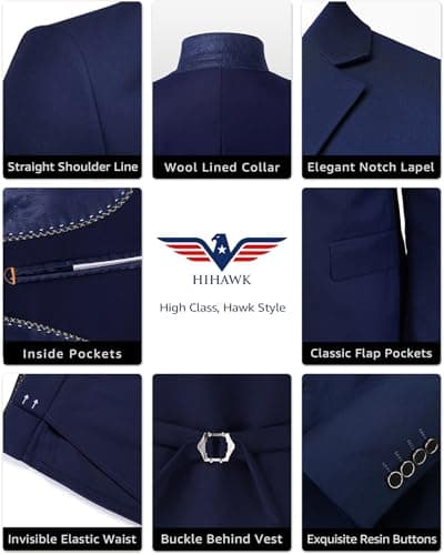 Hihawk Men's Slim Fit 3-Piece Stretch Suit with Blazer, Vest, Pants, and Tie