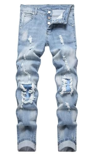 HENGAO Men's Slim Fit Ripped Denim Jeans