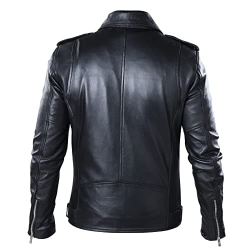 TLC Men's Notch Collar Leather Biker Jacket - Black with Zipper Cuff
