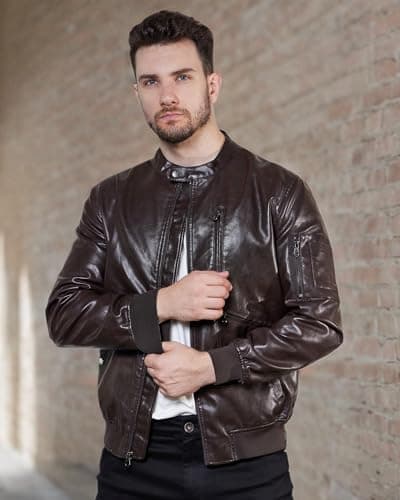 WULFUL Men's Lightweight Stand Collar Faux Leather Bomber Jacket