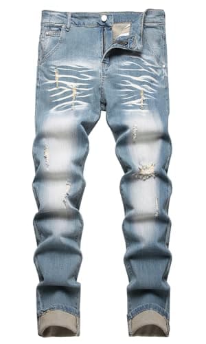 HENGAO Men's Slim Fit Ripped Denim Jeans