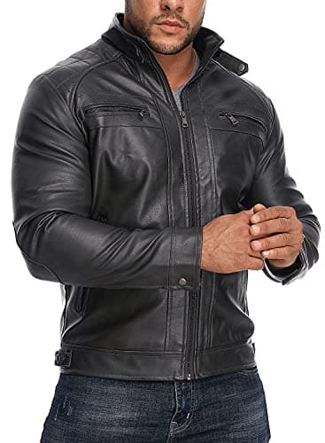 Men's Stand Collar Faux Leather Motorcycle Jacket by HOOD CREW