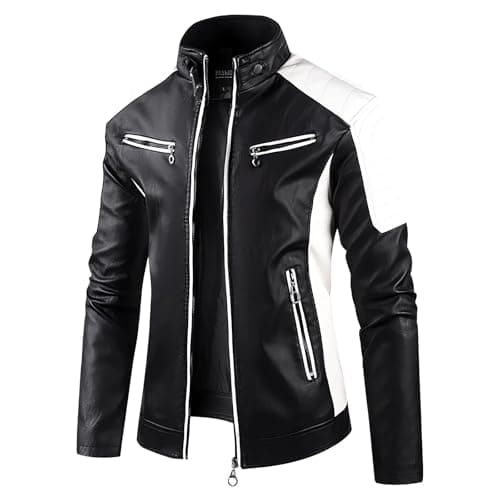 Mens Lightweight Color Block Faux Leather Racing Jacket Stand Collar