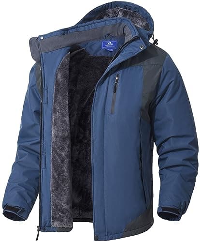 SPOSULEI Mens Waterproof Skiing Jacket with Hood Windproof Fleece Liner Multi Pockets