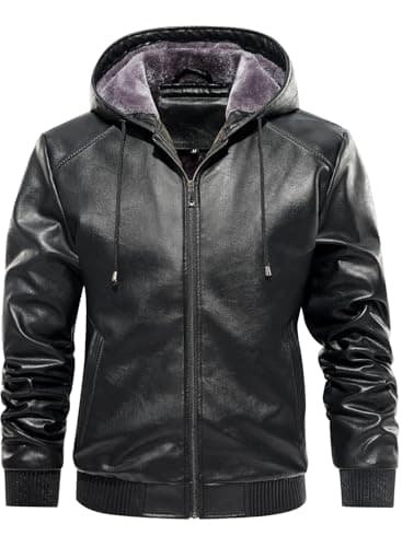 Men's Faux Leather Padded Bomber Jacket with Hood