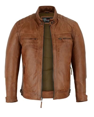 Vance Leather Men's Austin Brown Waxed Lambskin Cafe Racer Motorcycle Jacket