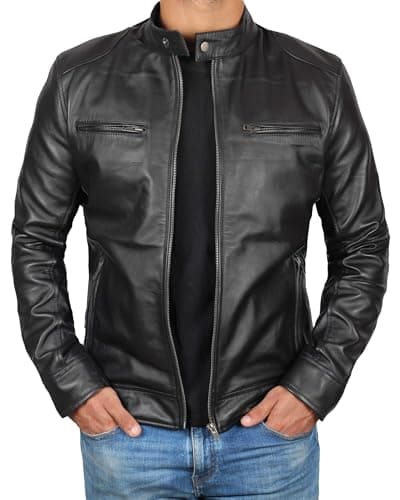 Decrum Mens Cafe Racer Style Real Lambskin Leather Jacket