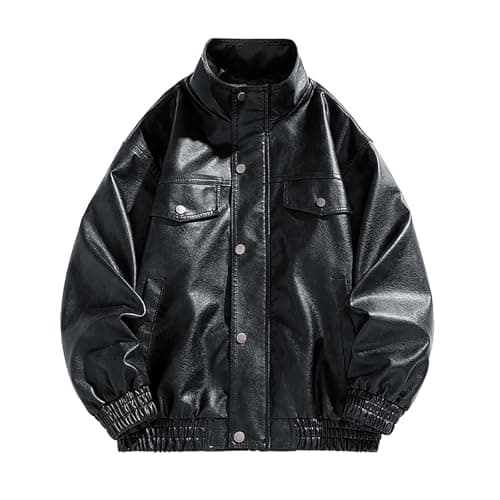Men's Motorcycle Leather Jacket with Stand Collar and Pockets