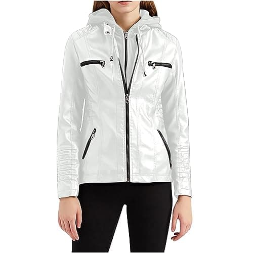 YMADREIG Women's Faux Leather Zip-Up Hooded Moto Jacket
