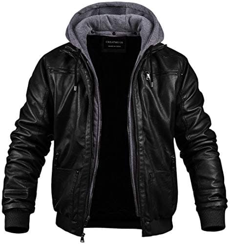 Men's Faux Leather Motorcycle Jacket with Removable Hood