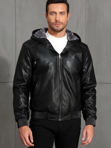 MANSDOUR Men's Warm Black Fleece Lined Motorcycle Jacket with Hood