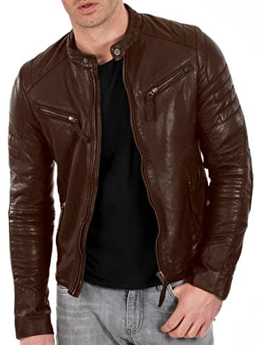 DECIMAL Men's Black & Brown Genuine Lambskin Leather Biker Jacket VINTAGE MOTORCYCLE JACKETS