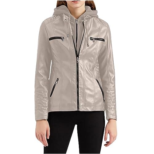 YMADREIG Women's Faux Leather Zip-Up Hooded Moto Jacket