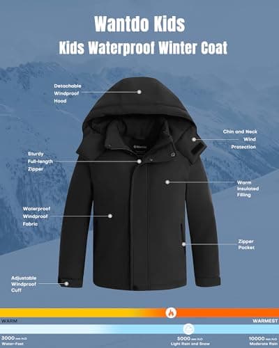 Wantdo Boy's Waterproof Quilted Winter Puffer Jacket for Mountains