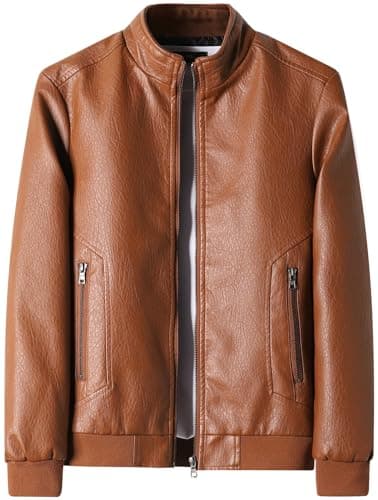 PEGENO Men's Lightweight Stand Collar Faux Leather Motorcycle Jacket