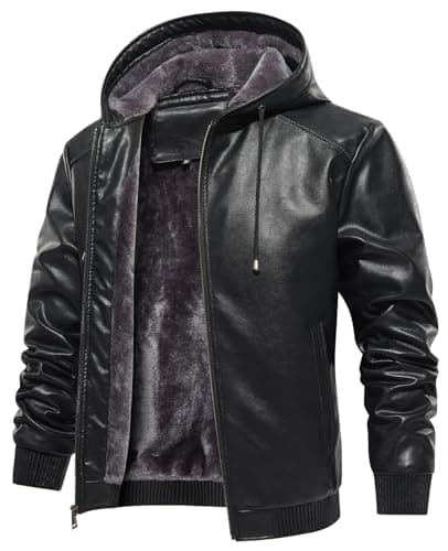 MANSDOUR Men's Warm Black Fleece Lined Motorcycle Jacket with Hood