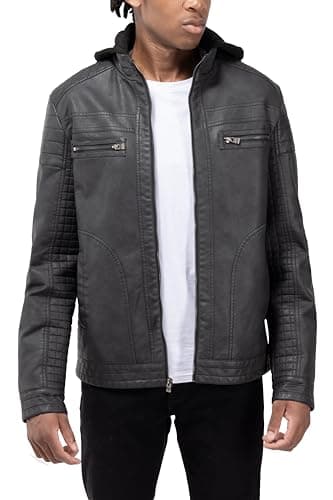 X RAY Men's Hooded PU Leather Jacket, Black, Large