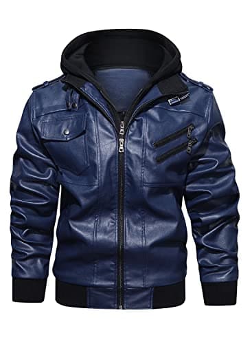 HOOD CREW Men's Casual PU Faux Leather Zip-Up Bomber Jacket with Removable Hood